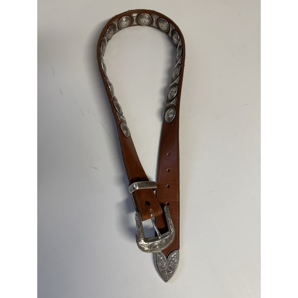 Vintage Tony Lama Concho Belt & Buckle Mens 32 Brown Leather Western Cowboy 90s